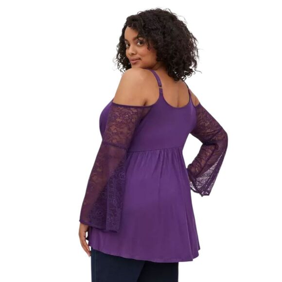 Torrid Babydoll Super Soft Surplice Cold Shoulder Lace Bell Sleeve Top NEW - Picture 8 of 13